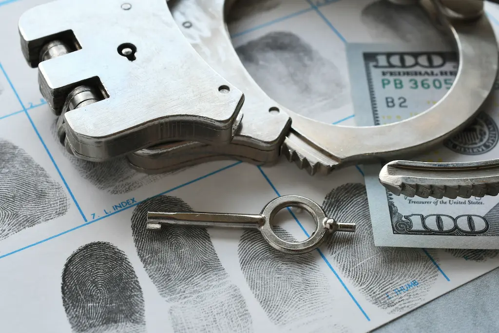 Metal handcuffs, a key, and money resting on top of a criminal fingerprint card.
